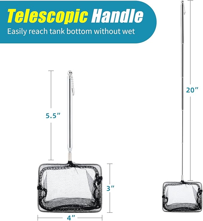 AQUANEAT Aquarium Net with Extendable Long Handle, Adjustable Wastes Skimming Cleaning Tools for Fish Tanks, 4 inch