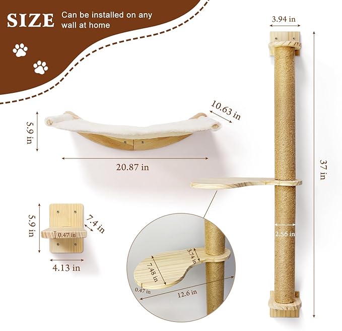 Wall Mount Cat Wall Shelves – Hammock, Scratching Post with Landing, Two Jumping Steps – Cat Furniture and Shelves up to 30 lbs, Set of 4