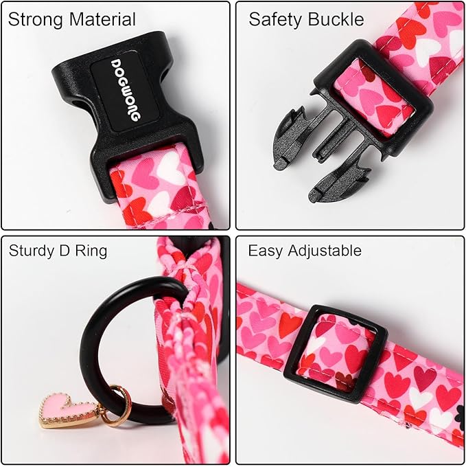 DOGWONG Valentine Dog Collar, Pink Heart Dog Collar, Girl Female Dog Collars with Strong Plastic Buckle for Large Dogs,XL