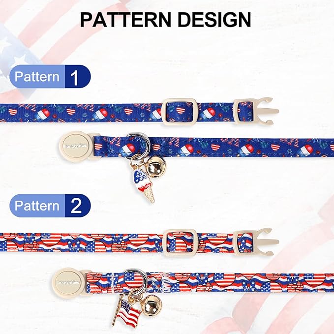 Lionet Paws 2pcs Pack 4th of July Cat Collar,Summer Cat Collars with Popsicle and USA Pattern,Cute Adjustable Cat Collar for Girl Boy Cats