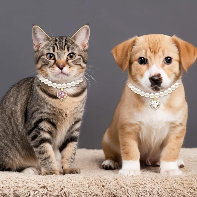 2pcs Cute Girl Cat Collar, Fancy Dog Pearl Necklace Collars Adjustable Pearl Dog Cats Collars with Small Heart Shape Rhinestone for Small Dogs and Cats, Pink Heart + White Heart