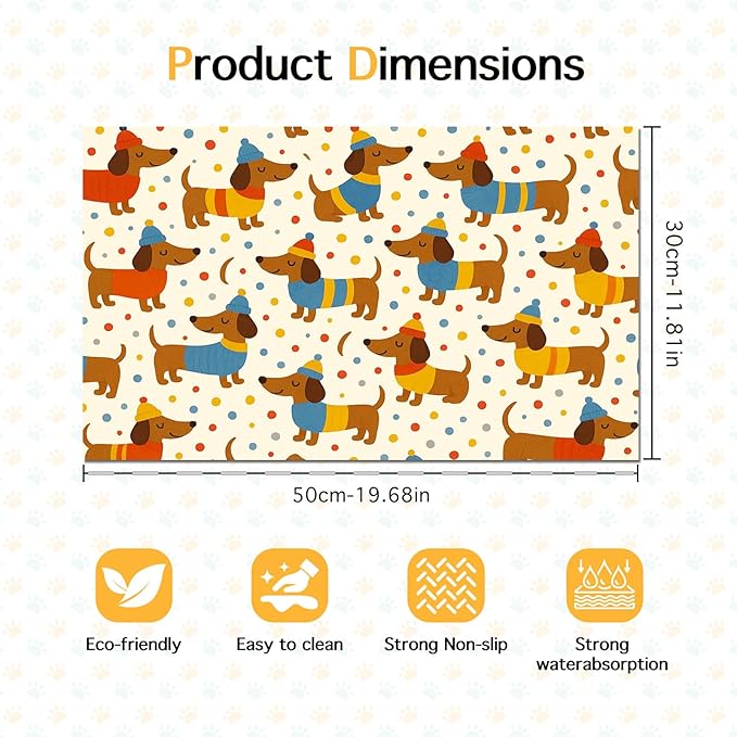 Adorable Dachshund Puppy Pet Food Mat with Colorful Polka Dot Pattern Pet Bowl Mat for Dogs and Cats Non Slip Feeding Mats Easy Clean Fast Dry Cat and Dog Feedings Mats 20" x 12"