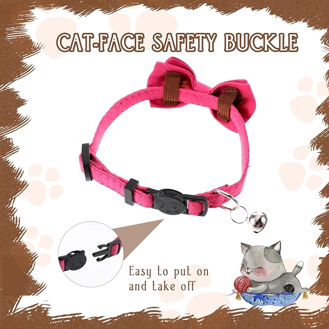 Sliverdew 2 Pcs Kitten Bow Tie Collar with Bell Cute Cat Collar for Girl Boy Cats Breakaway Cat Collars Adjustable Small Puppy Safety Collar Solid Color Plaid Pet Collar (Pink)