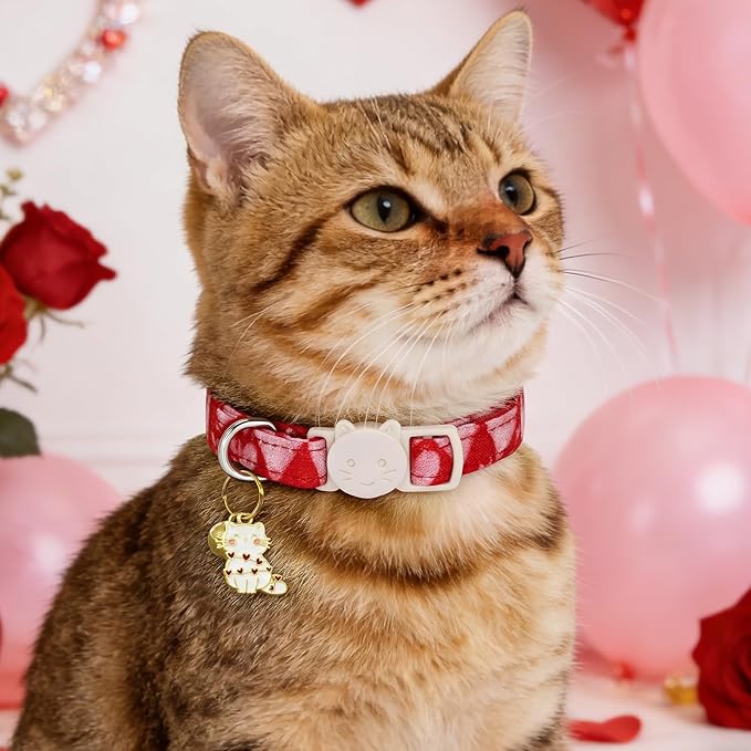 Valentine Cat Collar-2 Pack Collars Red and Pink Love-Heart Print Breakaway with Kitten and Bell Pendant Safety Buckle Adjustable Pet Collar for Cats Gift for Cats and Small Pets