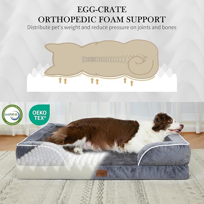Comfort Expression Orthopedic Dog Bed for Large Dogs 36x27 Inch, Waterproof Supportive Egg Crate Foam Large Pet Bed with Removable Bolsters, Dog Couch with Washable Cover & Non-Slip Bottom, Dark Grey
