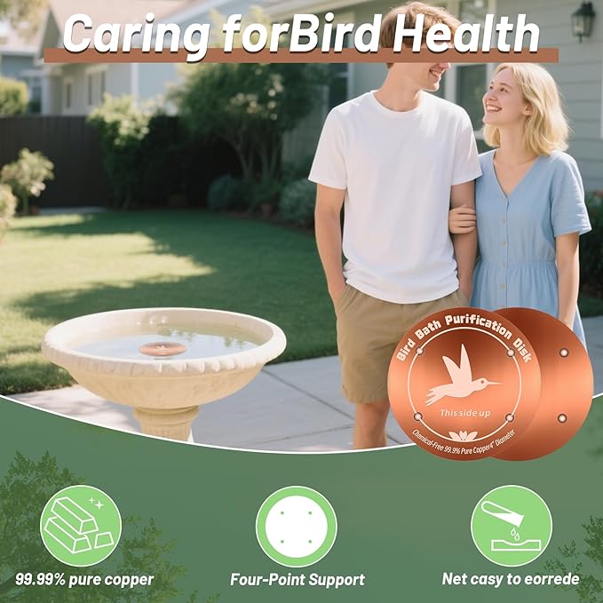 4Pcs Pure Copper Bird Bath Purification Disk,0.6mm thick,4''Reinforced Copper Purification Cleaner with Four-Point Support,All-Season Safe Clean Water Solution,Universal Fit for Outdoor Birdbath&Bowl