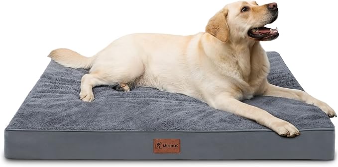MIHIKK Waterproof Extra Large Dog Bed Orthopedic Dog Beds for Crate with Removable Washable Cover Egg-Crate Foam Pet Pad Mat with Anti-Slip Bottom, 47x29 Inch, Grey