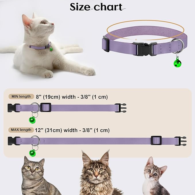 Breakaway Cat Collar with Bell - Leather Adjustable Kitten Collars with Safety Quick Release Buckle - Soft Small Pet Collars for Girl & Boy Cats (Lavender)
