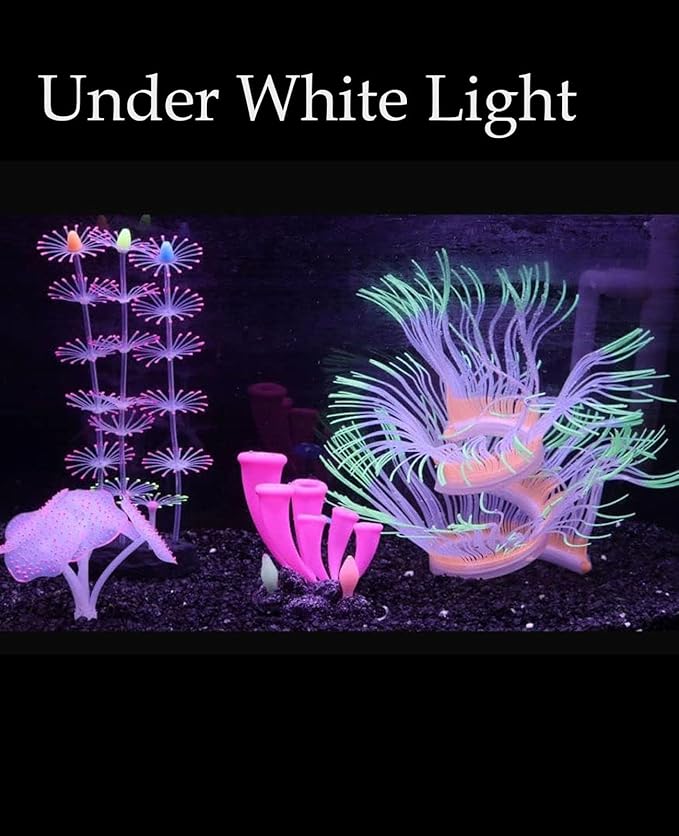 4 Pieces Aquarium Fish Tank Decorations with Glowing Effect, Silicone Glow Artificial Ornament Coral Reef Plants for Aquarium Decoration Small and Large Fish Bowl Decor Accessories