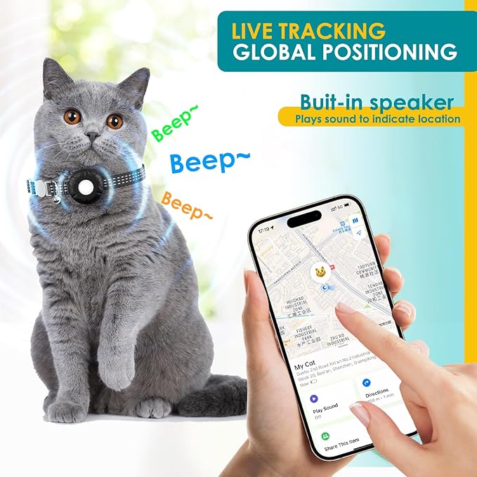 Cat Tracker, Lightweight GPS Tracker Compatible with Apple Find My App(Only iOS), Waterproof Cat Trackers Collar with Bell and Safety Elastic Buckle, Real-Time Location Pet Tracker, Black