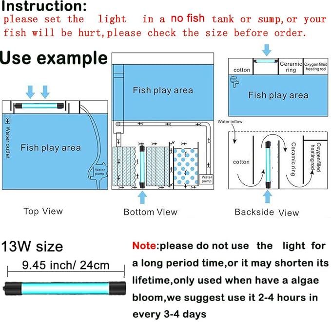Aquarium UVC Clean Light Algae Clear Green Bloom Clean Fish Tank UVC Water Clean Lamp for Sump Pond Filter Tank (7W Without Timer)