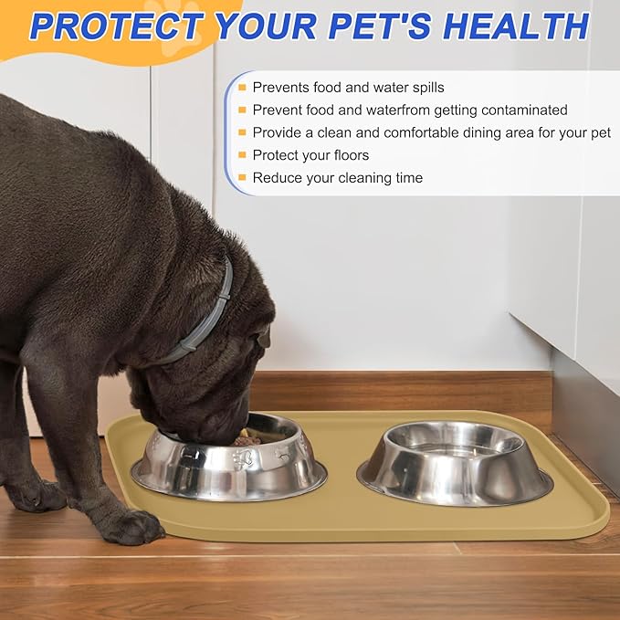 Silicone Pet Feeding Mat with Raised Edge for Food and Water, Dog Bowl Mats, Cat Bowls Placemat with High Lip for Floor Waterproof, Rubber Tray for Cats and Dogs 19 x 12 x0.7 Dark Beige