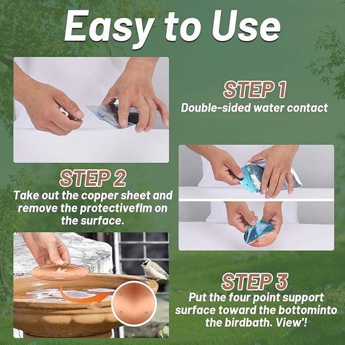 99.99% Pure Copper Bird Bath Purification Disk,Set of 2,0.6mm thick,Reinforced Copper Purification Cleaner with Four-Point Support,All-Season Safe Clean Water,Universal Fit for Outdoor Birdbath&Bowl