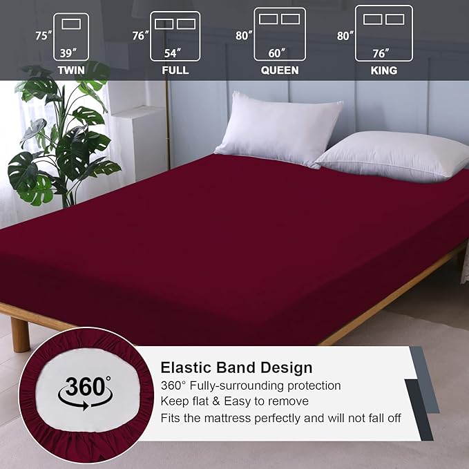 Waterproof Mattress Protector Queen, Fitted Sheet Style Breathable Mattress Cover with Deep Pocket Fits Up to 18'', Noiseless Bed Cover for Kids Adults Pets, Machine Washable (WineRed, 60'' X 80'')