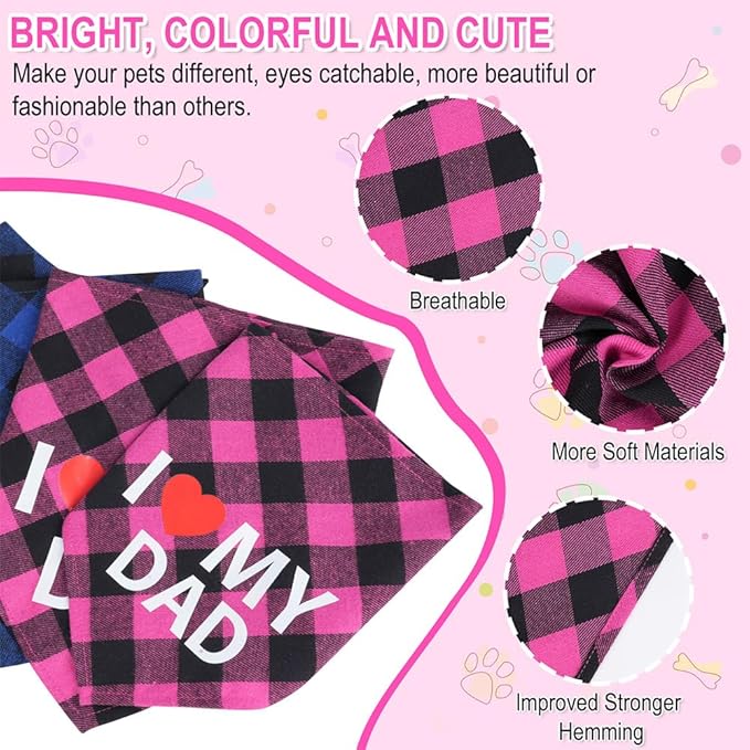 GreenJoy Cute Plaid Dog Bandana – Washable Pet Triangle Scarf for Small, Medium, Large Dogs and Cats, Adjustable Pet Accessory for Birthday, Wedding and Christmas (Pink (I Love My Dad), Small)