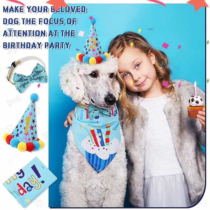 Dog Birthday Decorations,Puppy Birthday Party Outfits, Birthday Hat,Bow Tie,Bandana,Happy Birthday Banner,Pet Theme Suit Apparel & Accessories for Boy Golden Doodle Teddy Husky Labrador(4PCS Blue)