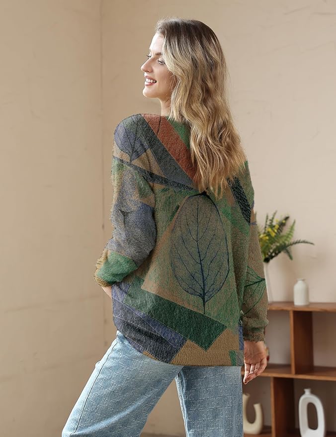 YESNO Women Christmas Sweater Graphic Printed Oversized Pullover Sweaters Casual Loose Knit Tops S01
