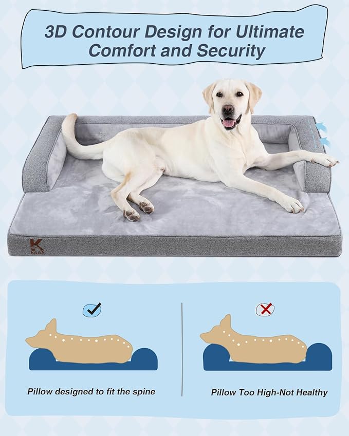 KSIIA Washable Dog Bed XXL Senior Dog, Orthopedic Warm Soft Pet Sofa Waterproof Pet Couch with Sides, Non-Slip and Egg-Crate Foam Jumbo Beds with Removable Cover, 47x32Inch, Grey