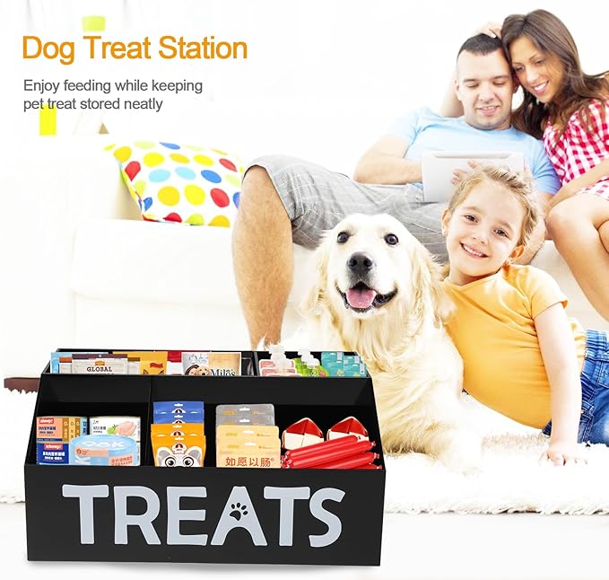 Dog Treat Organizer,4 Compartments Dog Treat Station, Trapezoid Dog Treat Container for Countertop, Cat Treat Storage Bin, Ideal for Dog Cat Bagged Snack or Can Food-Black