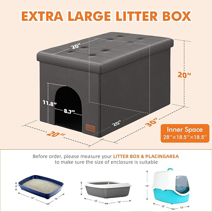 Cat Litter Box Enclosure Furniture for Odor Control, Hidden Cabinet Cat Litter Box Furniture Ottoman with Flip-Up Lid,Cats Litter Box Bench with Storage Space, Dog Proof (Gray-Faux Leather, Large)