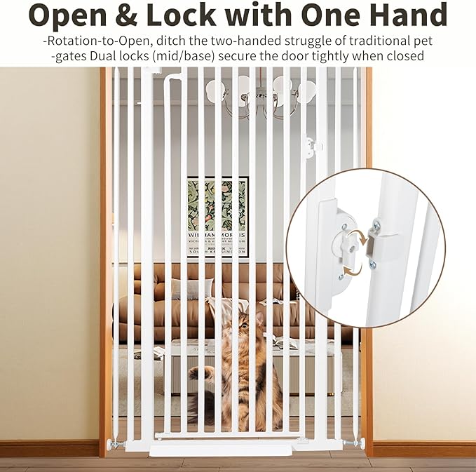 59“ Extra Tall Cat Gate for Doorway：29.4-33.4” Wide Pet Gate, Auto Close/One Handed Open, 1.34” Extra Small Gap, No Drill Pressure Mount Tall Cat Gate for Interior Stairs/Kitchens/Hallways (White)