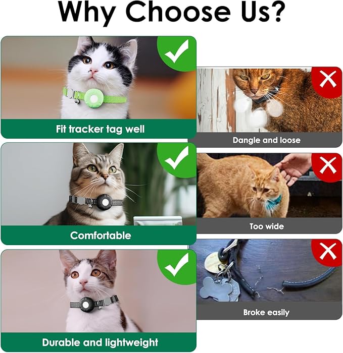 GPS Tracker for Cats, Cat Tracker, Compatible with Apple Find My App (Only iOS), No Monthly Fee, Waterproof, Breakaway Collar Included(White Tracker, Green Cat Collar)