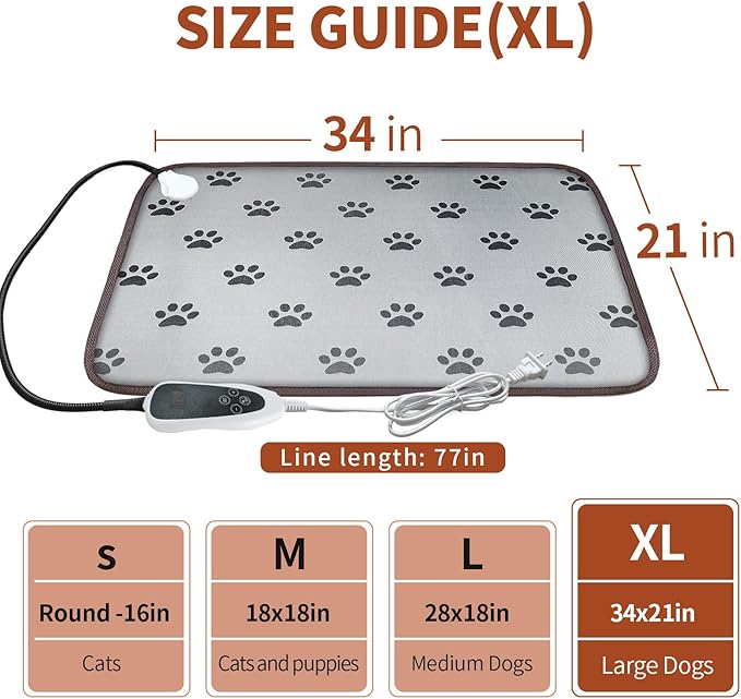 Large Dog Heating Pad 34x21in with Smart Thermostat Switch and Power Line Protection Tube,Obtained MET and UL Dual Certification,Waterproof Pet Heating pad, Suitable for Dogs of All Ages