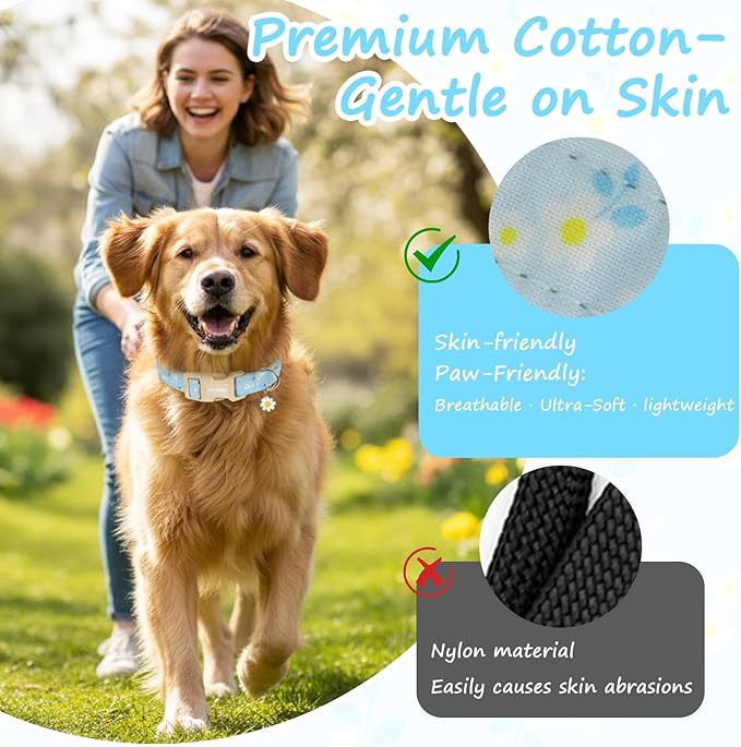 Dog Collar for Small Medium Large Dogs, Spring Blue Dog Collars with White Flowers, Adjustable Cotton Dog Collars, Cute Girl or Boy Dog Collar Ideal for Gifts,Pet Accessory,XS