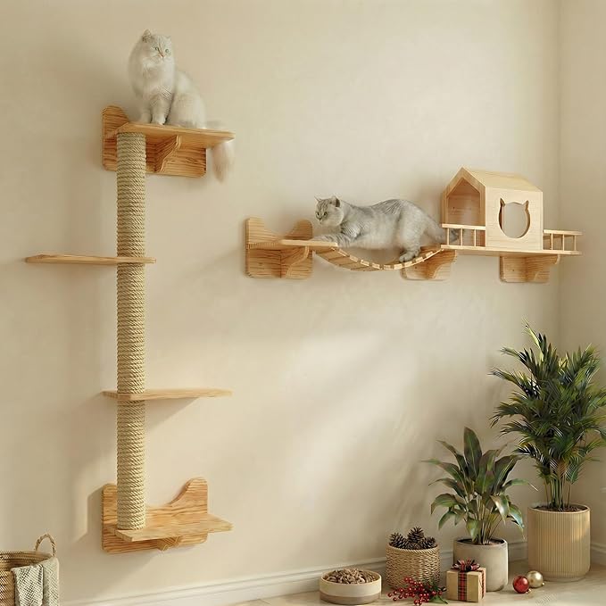 Cat Shelves for Wall – Cat Climbing Furniture Set for Large Cats with House, Bridge Ladder, 3 Scratching Posts & 5 Steps