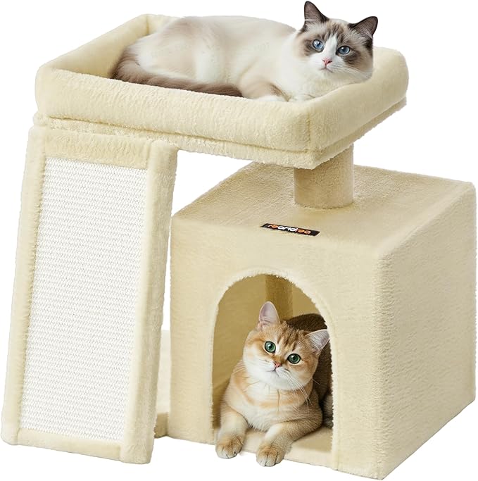 Feandrea Small Cat Tree, Cat Tower Condo, Scratching Ramp, Large Top Perch, Cave, 20.1 x 15.4 x 18.3 Inches, Summer Sand UPCT010LF02S