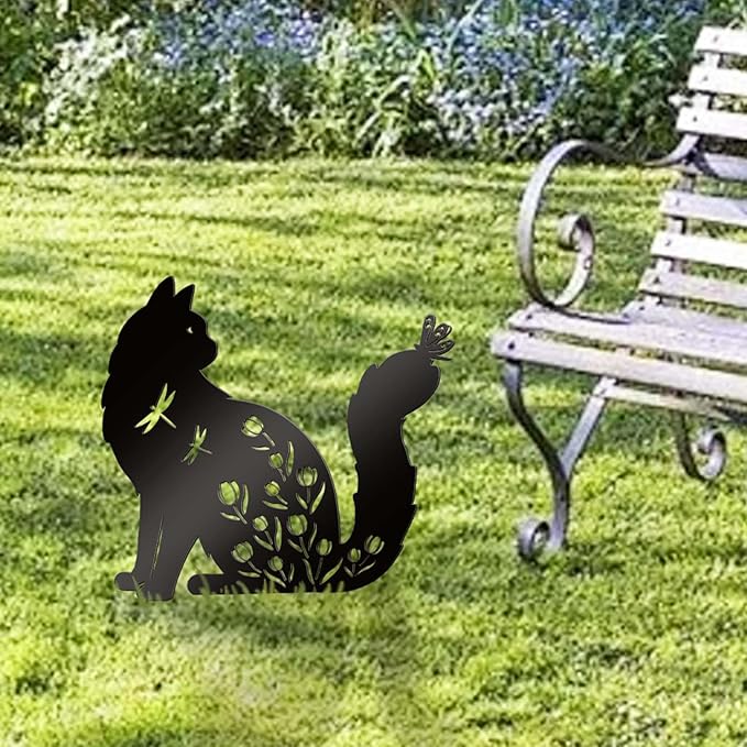 Bnesi Floral Long-Haired Cat Yard Decor Pet Grave Markers Metal Sign Silhouette Garden Ornament Pet Grave Markers Outdoor Cat Memorial Gift Flowerbed Decor (Elegant)