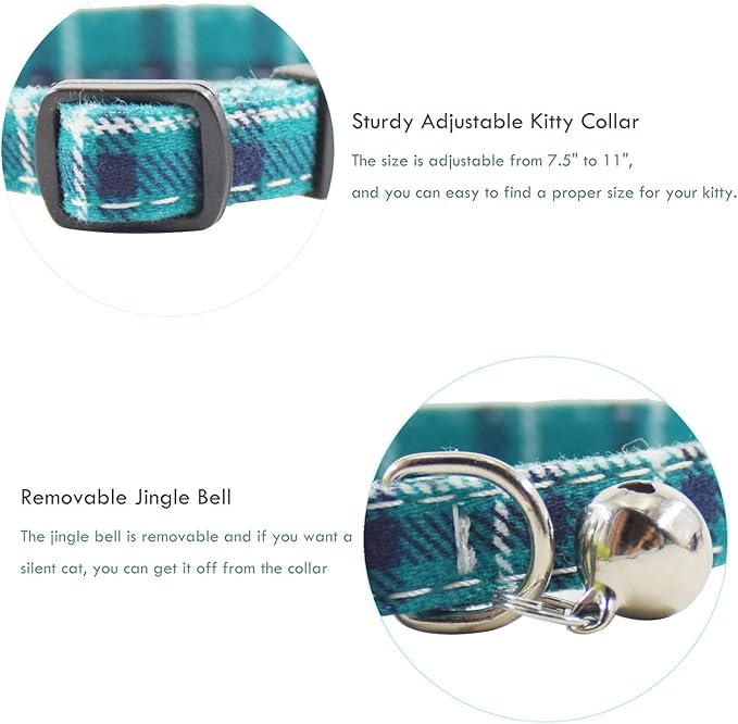 Breakaway cat Collars with Bell, Set of 3, Durable & Safe Cute Kitten Collars Safety Adjustable Kitty Collar for Cat Puppy 7.5-11in (Green,Cyan,Black)