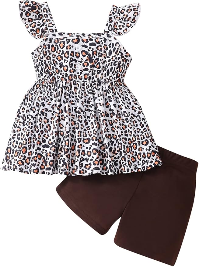Toddler Baby Girls Summer Clothes Outfits Ruffled Sleeve Dinosaur Shirt Leopard Tops and Shorts Pants Sets 2PCS