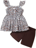 Toddler Baby Girls Summer Clothes Outfits Ruffled Sleeve Dinosaur Shirt Leopard Tops and Shorts Pants Sets 2PCS