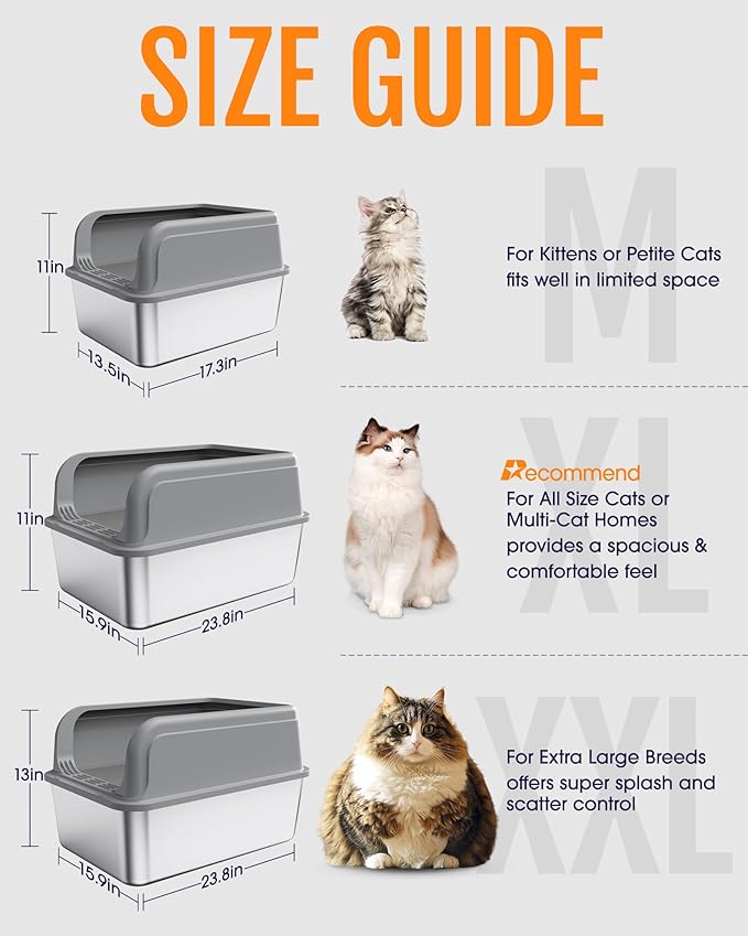 Stainless Steel Cat Litter Box, Metal Litter Box with Scoop, High- Sided, Anti-Leakage Top Entry, Non-Sticky, Easy to Clean, 8-Inch Splash-Proof Deep Pan, Grey, XXL (1 Pack)