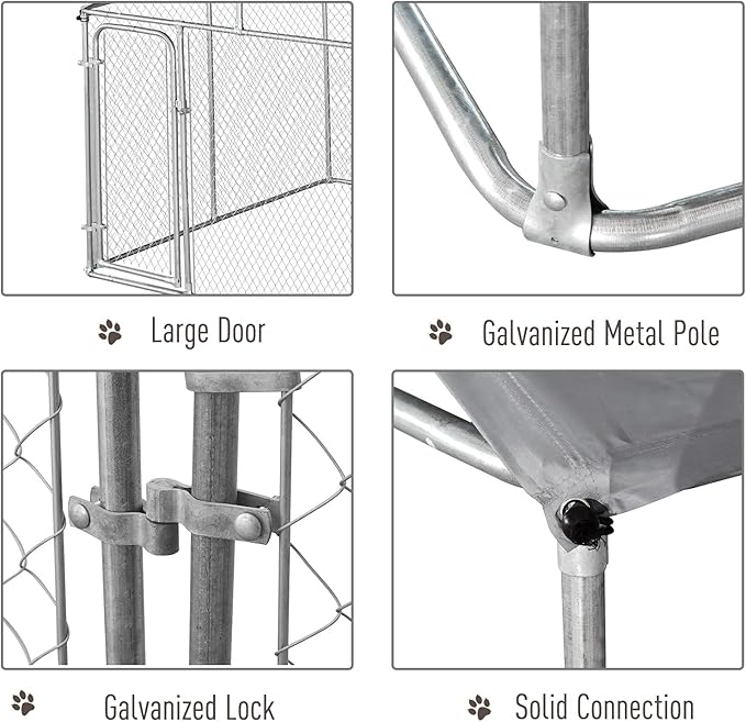 PawHut Outdoor Dog Kennel, Heavy Duty Dog Run Outdoor Fence with Waterproof Cover, Galvanized Chain Link, Secure Lock, 9.8' x 9.8' x 7.7'