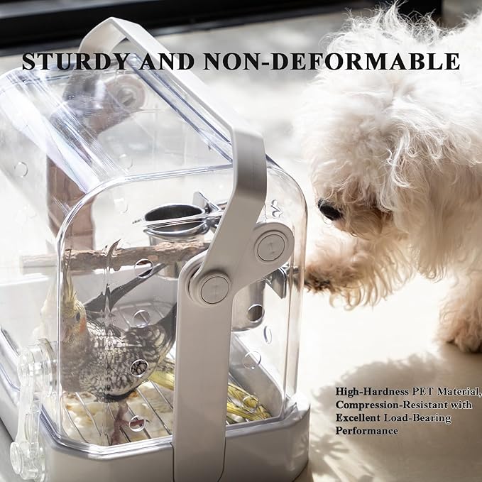 Bird Travel Cage, 10×6.7×8.3 Inches Waterproof & Sturdy Pet Carrier with Perch & Food Bowls, Portable Cage for Budgies, Cockatiels, Lovebirds & Small Birds