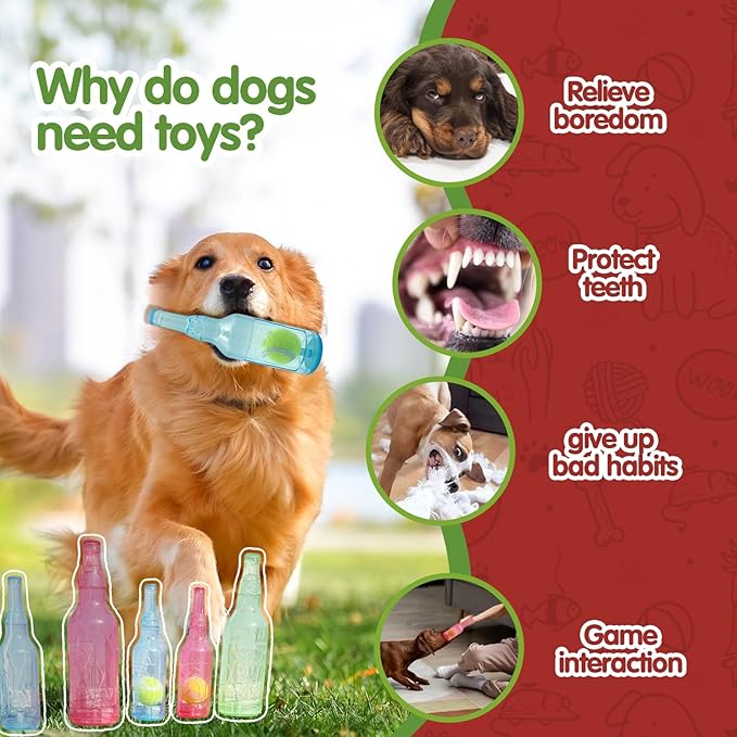 Cute Tough Dog Toy Rubber Bottle Squeaky Dogs Chew Toy Long Lasting Interactive Fetch Toy for Teething Tennis Ball Included (Green, Large)