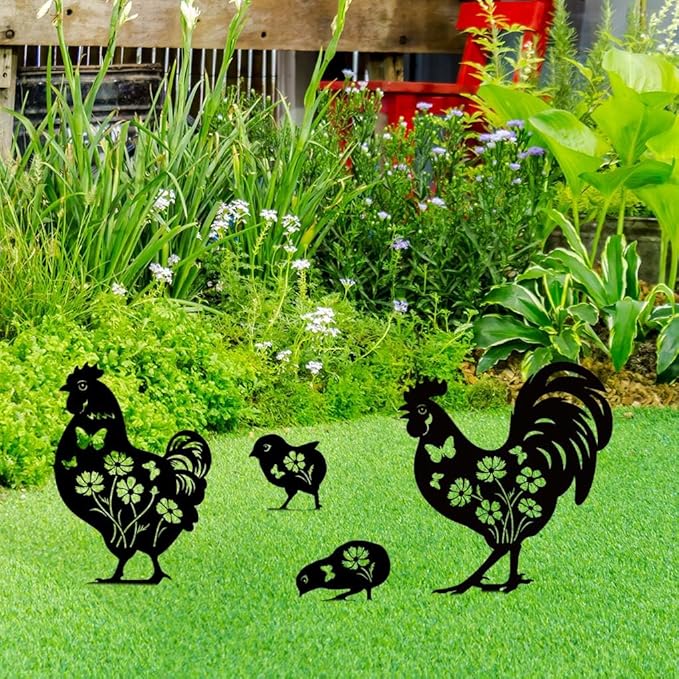 Metal Chicken Garden Decor for Outside, 4 Pcs Metal Chicken Yard Art, Decorative Garden Stakes Chicken Gifts for Chicken Lovers Woman/Man, Patio/Lawn Outdoor Chicken Decor, Chicken Garden Art