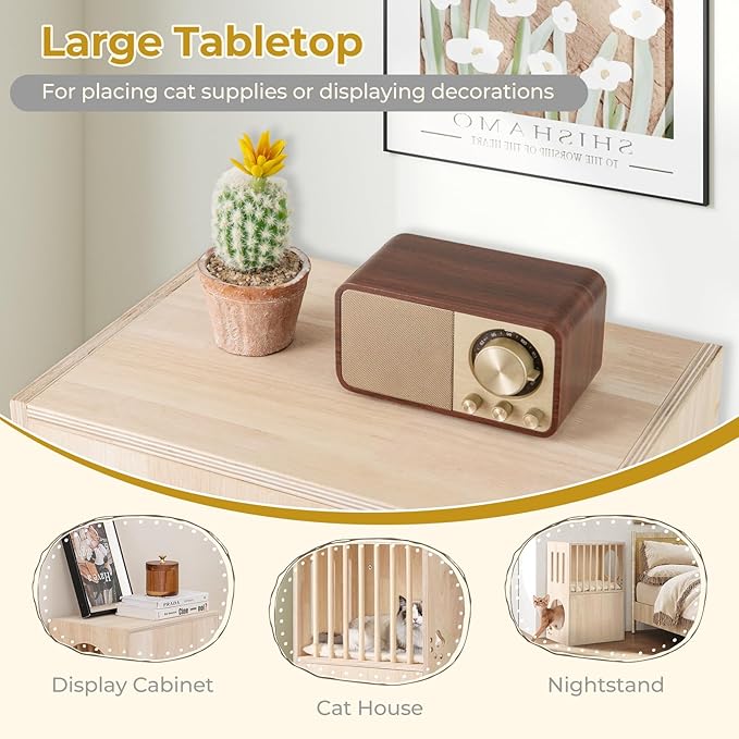 Tangkula 2-Tier Luxury Wood Cat House, Wooden Kitten Cage Condo with 2 Washable Plush Cushions, 2 Access Holes, Indoor Pet Playpen Cat Catio End Side Table Nightstand, Ventilated Cat Bed Furniture