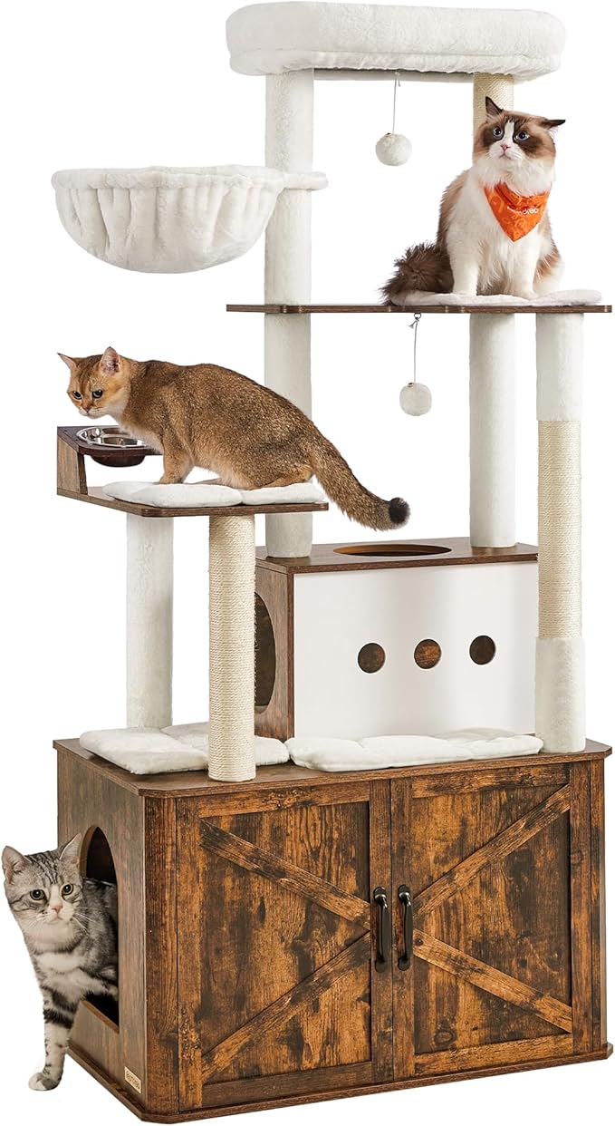 Feandrea Cat Tree, 66.9-Inch Cat Tower with Litter Box Enclosure, Large Condo with Food Station, Storage, Scratching Posts, Cave, Hammock, Washable Cushions, Rustic Brown UPCT169K01