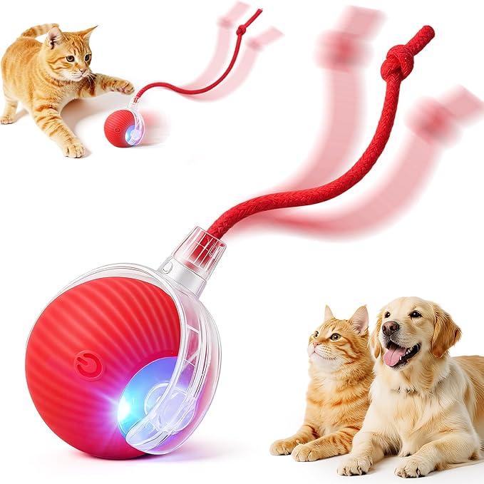 Interactive Electric Automatic Rolling Moving USB Rechargeable Self Activated Play Stimulation Toy Smart Chase Teaser Ball with Speedy Tail Rope for Bored Adult Indoor Cats and Dogs, Red