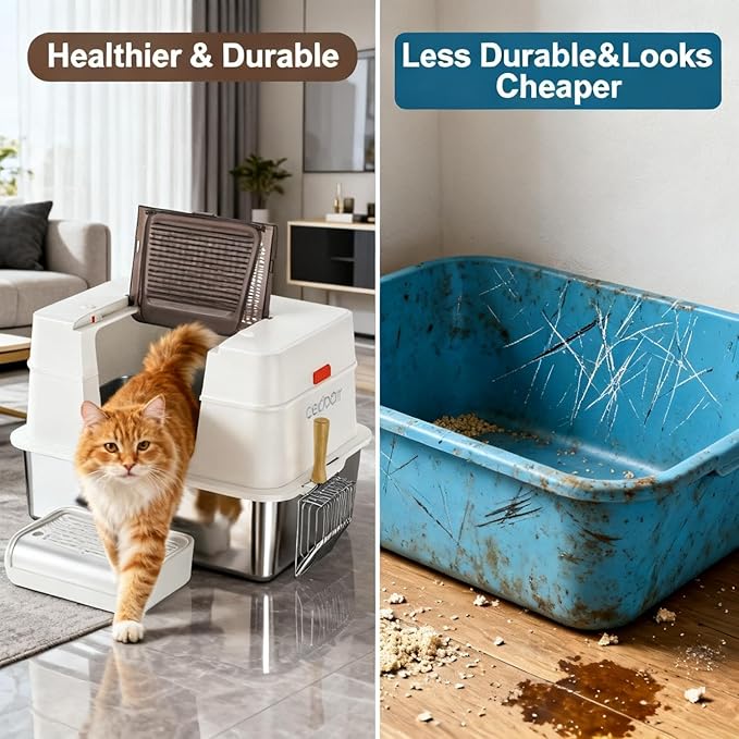 XL Premium Stainless Steel Enclosed Cat Litter Box with Lid, Extra Large Heavy-Duty Metal Litter Box for Big Cats & Multi-Cat Homes|Leak-Proof, Odor-Locking, Non-Stick Surface | Easy Clean (White)