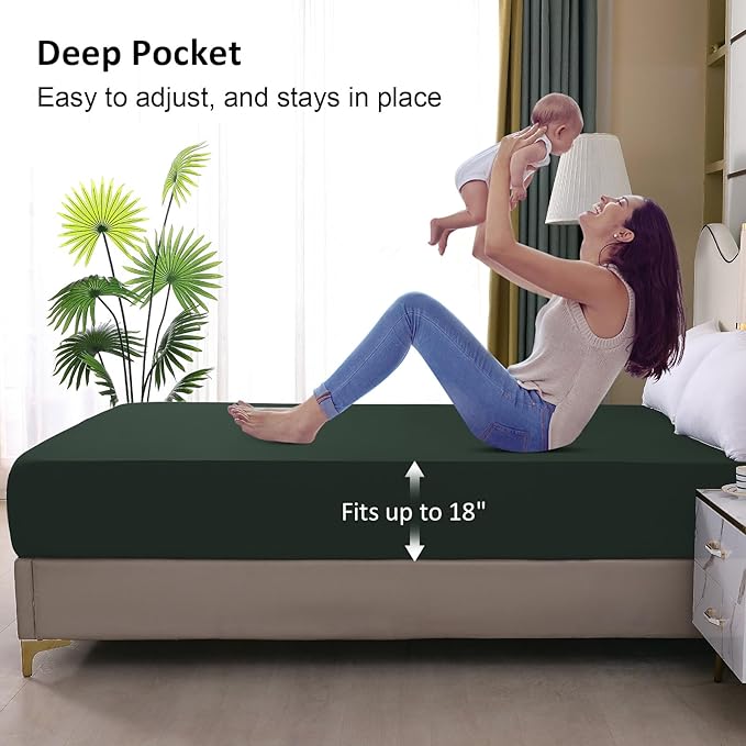 Waterproof Mattress Protector Twin, Fitted Sheet Style Breathable Mattress Cover with Deep Pocket Fits Up to 18'', Noiseless Bed Cover for Kids Adults, Machine Washable (Green, 39'' X 75'')