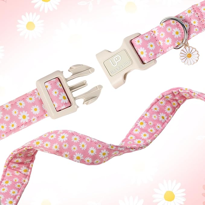 Daisy Dog Collar, Summer Cotton Dog Collar with Quick Release, Gift Pink Collars for Small Medium Large Girls or Boys Dogs Cute Durable Comfortable Pet Collars