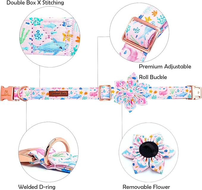 Lionheart glory Dog Collar Flower Collar Pink Dog Collars with Flower Summer Cute Sea Animals Print Collar Dog Female Soft Durable Adjustable Dog Collars for Medium Dogs
