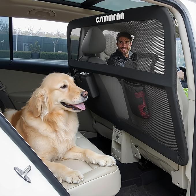 Dog Barrier for Car Back Seat & Cargo Area with Wider Coverage, Universal Fit for Car, SUV & Truck, Dog Car Divider with Chew-Proof Transparent Net and Sturdy Metal Frame for Backseat & Trunk