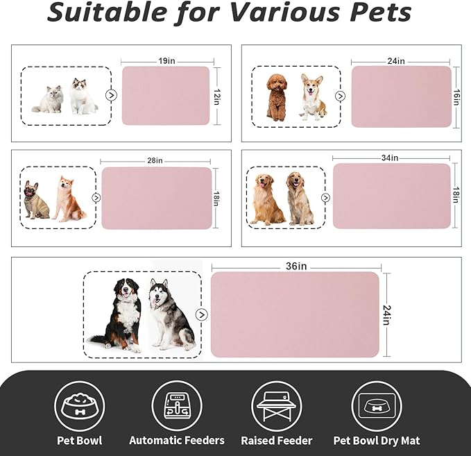 Dog Food Mat - Absorbent Cat Mat for Food and Water, No Stains Pet Feeding Bowl Mat, Easy to Clean Pet Placemats, Quick Dry Dog Water Dispenser Mat for Messy Drinkers | Pink 16"x 24"