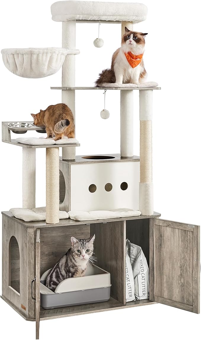 Feandrea Cat Tree, 66.9-Inch Cat Tower with Litter Box Enclosure, Large Condo with Food Station, Storage, Scratching Posts, Cave, Hammock, Washable Cushions, Heather Greige UPCT169K02
