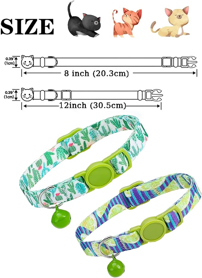 SOLMOONY Cute Cat Collar for Girl Boy,Colorful Breakaway Cat Collars with Bell 2 Pack，Adjustable Printed Nylon with Safety Buckles Kitten Collar (Cactus)